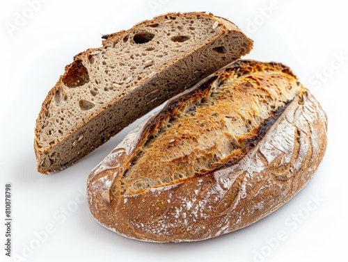 A slice of bread is cut in half  revealing a crusty exterior. The bread is placed on a white background  emphasizing its golden color and texture. Concept of warmth and comfort