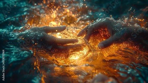 close up of two hands reaching out to each other in water, orange light reflect, helping concept