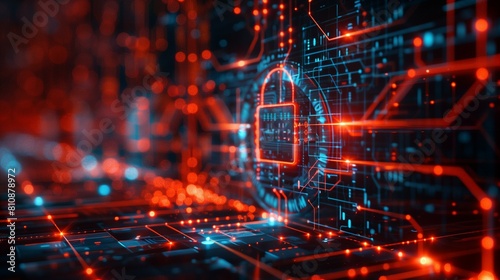 Padlock icon red circuit board, concept insider threat, cyber security