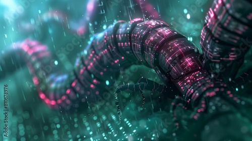 Glowing cyber worm made green pink lights dark background photo