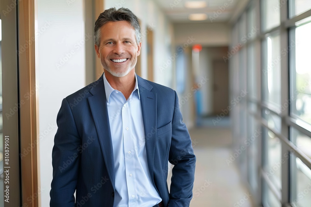 confident smiling middleaged businessman standing in an office hallway portrait of a successful bank manager investor or executive leader business photo confident smiling middleaged businessman standing in an office hallway portrait of a successful bank manager investor or executive leader business photo