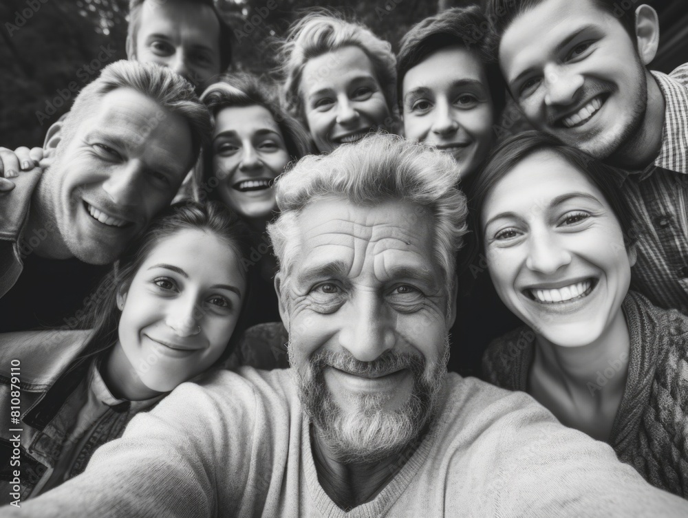A group of people are smiling for a picture, including a man with a beard. Scene is happy and friendly A group of people are smiling for a picture, including a man with a beard. Scene is happy and friendly