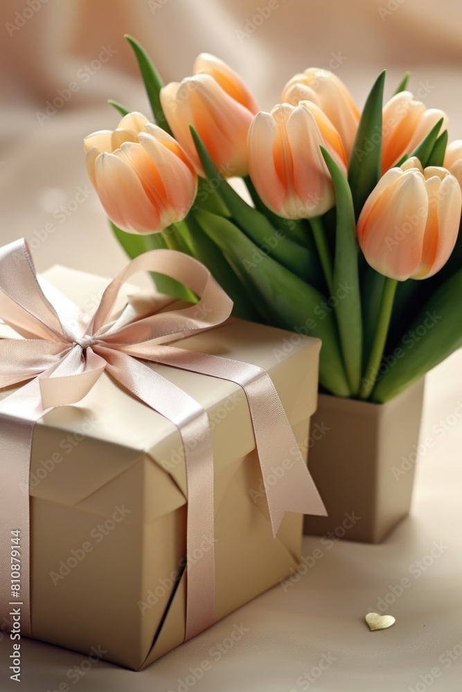 A box with a ribbon on top of a vase of flowers