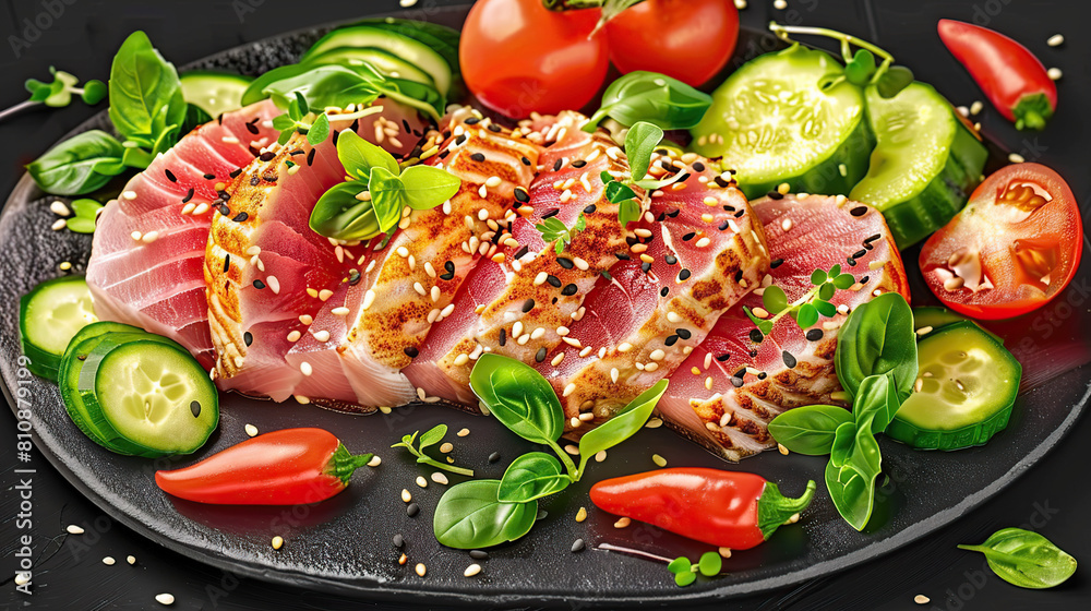 Perfectly seared tuna steak, sprinkled with sesame seeds, served alongside a variety of vibrant vegetables Perfectly seared tuna steak, sprinkled with sesame seeds, served alongside a variety of vibrant vegetables