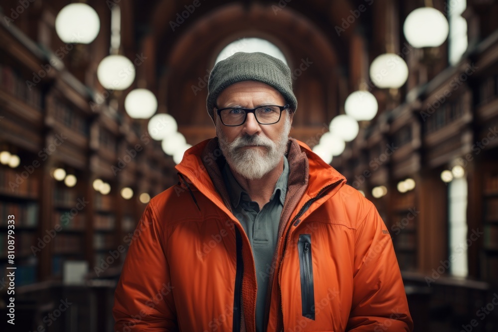 Fototapeta premium Portrait of a content man in his 50s wearing a windproof softshell on classic library interior