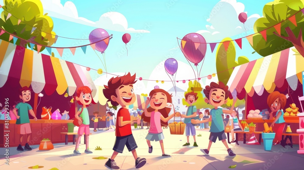 Cartoon landing page for fair. Boy and girl children holding balloons and having fun in an outdoor market. A striped awning and production surrounds them.