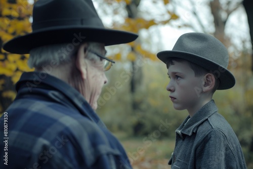 An old man and a young boy are standing in a forest. The old man is wearing a hat and glasses, while the young boy is wearing a hat. Scene is somewhat melancholic