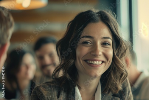 A woman with long brown hair is smiling at the camera. She is wearing a jacket and a white shirt © vefimov