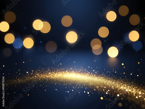 abstract background with Dark blue and gold particle. Christmas Golden light bokeh on navy blue background. black bokeh background black texture dark Gold foil texture. Holiday concept. ai