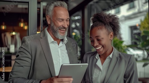 Male and young female colleague enjoying a laugh while looking at a tablet. Generative AI.