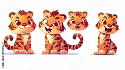 Animated tiger cub, hunting, slinking and roaring with arms akimbo. Cute wild kitten, Modern illustration, isolated set. photo