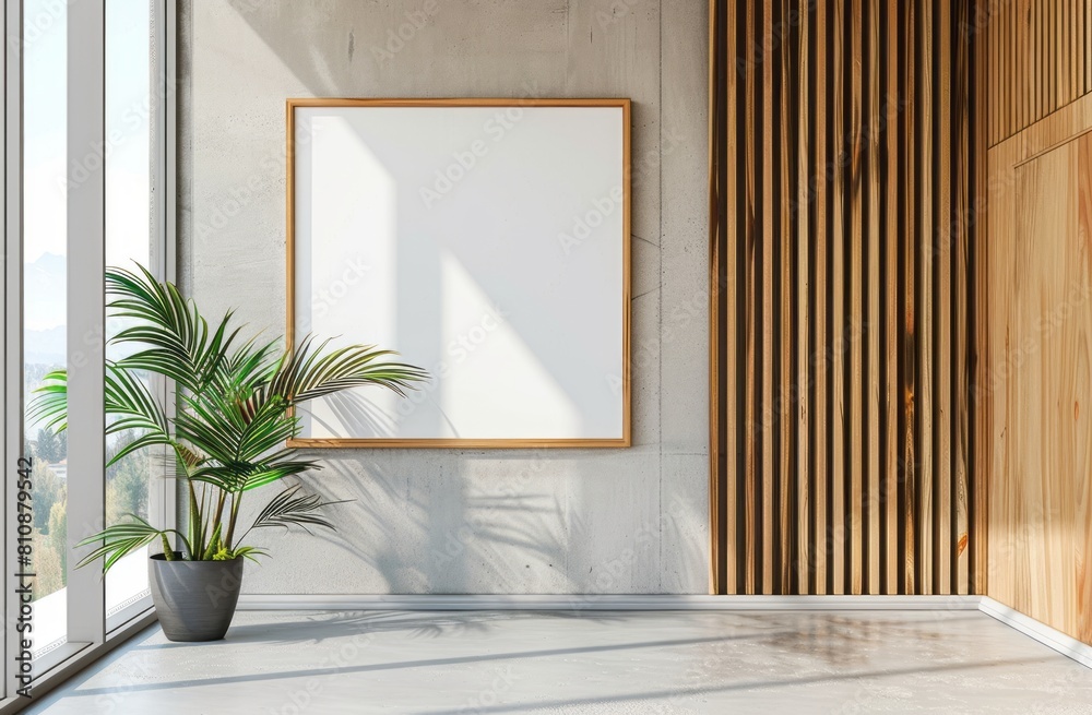 A mockup of an empty white frame with wooden slats on the wall in front, in a modern office setting A mockup of an empty white frame with wooden slats on the wall in front, in a modern office setting