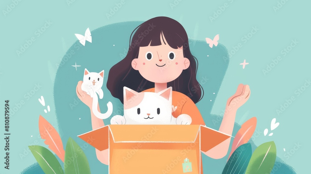 Adopt me poster with cute cat in cardboard box and happy girl. Graphic banner with cartoon illustration of child embracing white kitty in carton box. Adopt me poster with cute cat in cardboard box and happy girl. Graphic banner with cartoon illustration of child embracing white kitty in carton box.