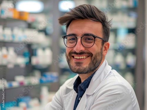 A man in a white lab coat and glasses is smiling for the camera. He is standing in a pharmacy with shelves full of medicine bottles