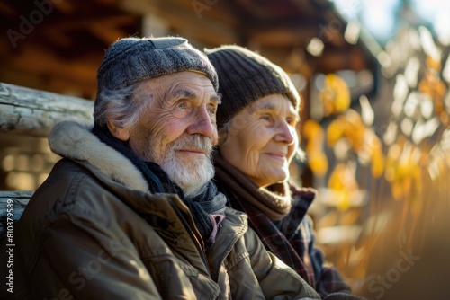 A man and woman are sitting on a bench, smiling at the camera. The man is wearing a hat and a scarf, while the woman is wearing a scarf and a hat. The scene is warm and inviting