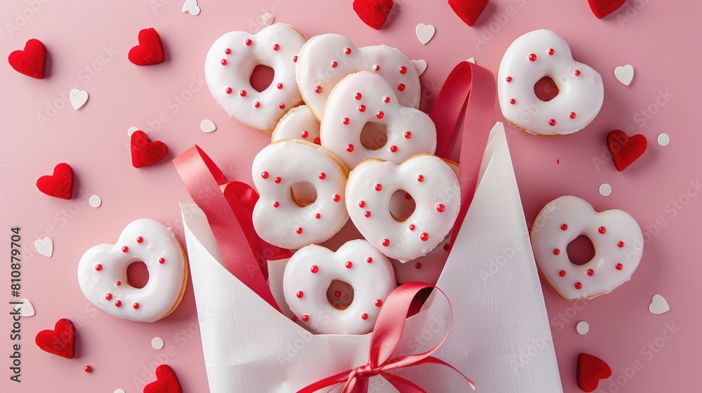 Indulge in heart shaped donuts generously coated in white icing and adorned with vibrant red sugar candy neatly arranged in a charming gift bag Perfect for Valentine s Day birthdays or simpl Indulge in heart shaped donuts generously coated in white icing and adorned with vibrant red sugar candy neatly arranged in a charming gift bag Perfect for Valentine s Day birthdays or simpl