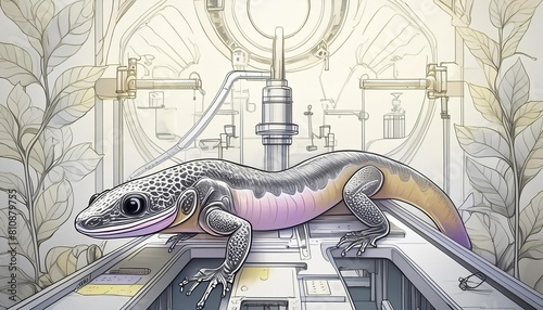 Explore the merging realms of biology and technology with this digital illustration of an AI-generated salamander in a futuristic laboratory setting.