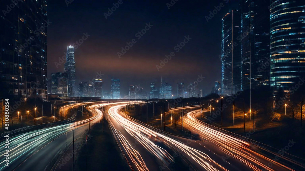 Fototapeta premium Veduta aerea di città di notte. Le luci delle automobili creano striscie luminose.