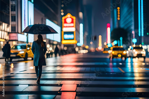 Luci nella moderna città di notte con riflessi e pochi passanti. photo