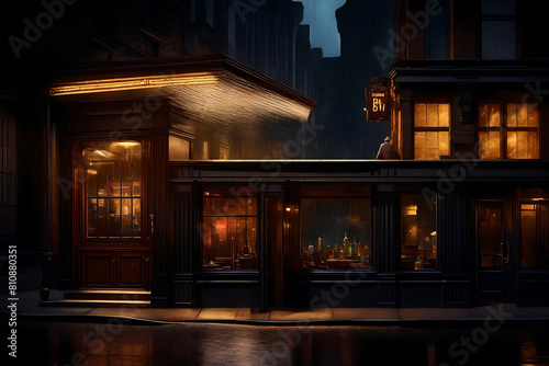 Notturno di città vecchia. Veduta di un bar di notte, con luci e riflessi. photo