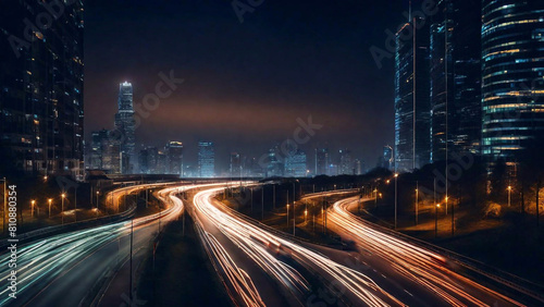 Veduta aerea di città di notte. Le luci delle automobili creano striscie luminose. photo