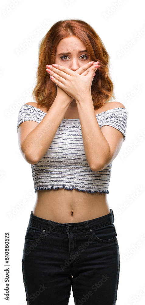 Young beautiful woman over isolated background shocked covering mouth with hands for mistake. Secret concept. Young beautiful woman over isolated background shocked covering mouth with hands for mistake. Secret concept.