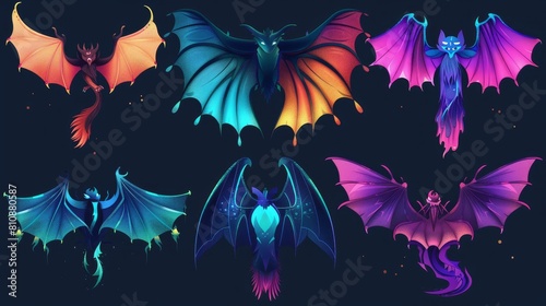 Fantasy wings of dragon, demon, or bat myth or fable creatures. Different wing pairs, glowing, ragged colorful magic collection for RPGS. Cartoon modern illustration, isolated. photo