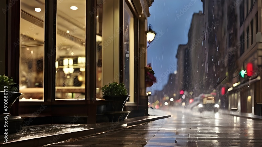 A window with raindrops racing down, blurring the view of a busy street 