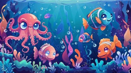 The undersea animals of the ocean are included in these banners, including an octopus, puffer fish, angler and betta fish.