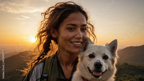 A smiling woman with a dog on top of a mountain © Алексей Селянин