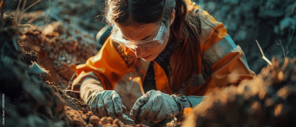 Naklejka premium An archaeologist discovers ancient civilization artifacts and fossils at an excavation site, and studies them under the microscope.
