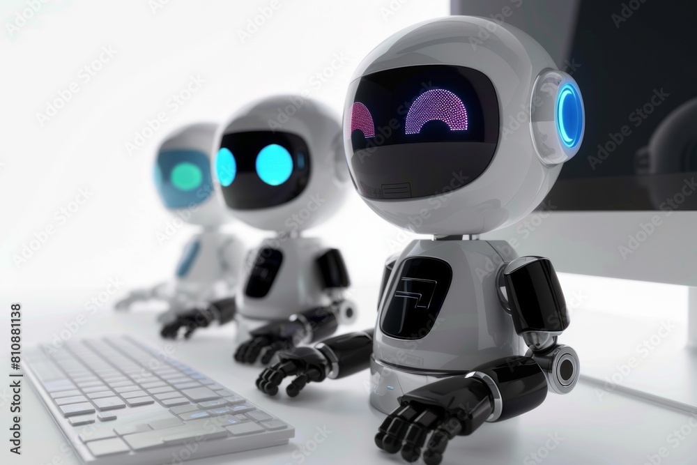 3d cartoon robots working in computer 3d cartoon robots working in computer