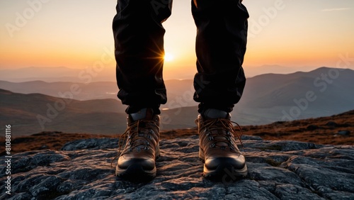 Close up of hikers boots enjoying the sunset on top of the mountain