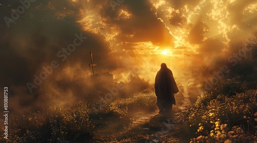 Jesus walking a path towards Golgotha,