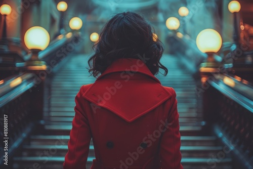 Mysterious ambiance as a woman in a red coat ascends foggy steps, creating a cinematic feel photo