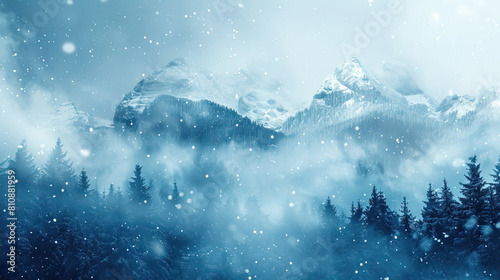 Fantastic evening panorama landscape with fog  snow and forest. sunrise and sunset in mountains lake Abstract art wallpaper for prints  Art Decoration  wall