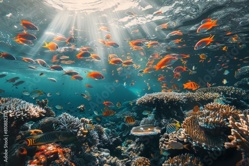 beautiful underwater scenery with various types of fish and coral reefs