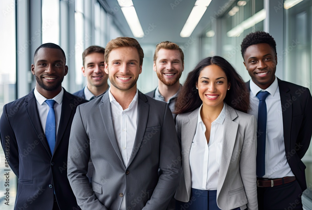 Portrait of smiling business team standing in office with arms akimbo Portrait of smiling business team standing in office with arms akimbo