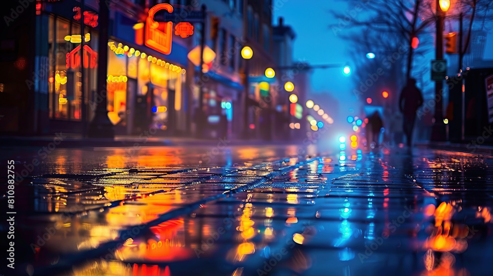 Street photograph, a nighttime urban scene with triad colors of indigo, chartreuse, and tangerine. Apply a bokeh lens for dreamy lights. Generative AI Street photograph, a nighttime urban scene with triad colors of indigo, chartreuse, and tangerine. Apply a bokeh lens for dreamy lights. Generative AI
