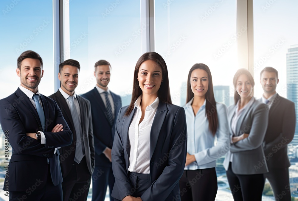 business, people and teamwork concept - smiling business team over office background