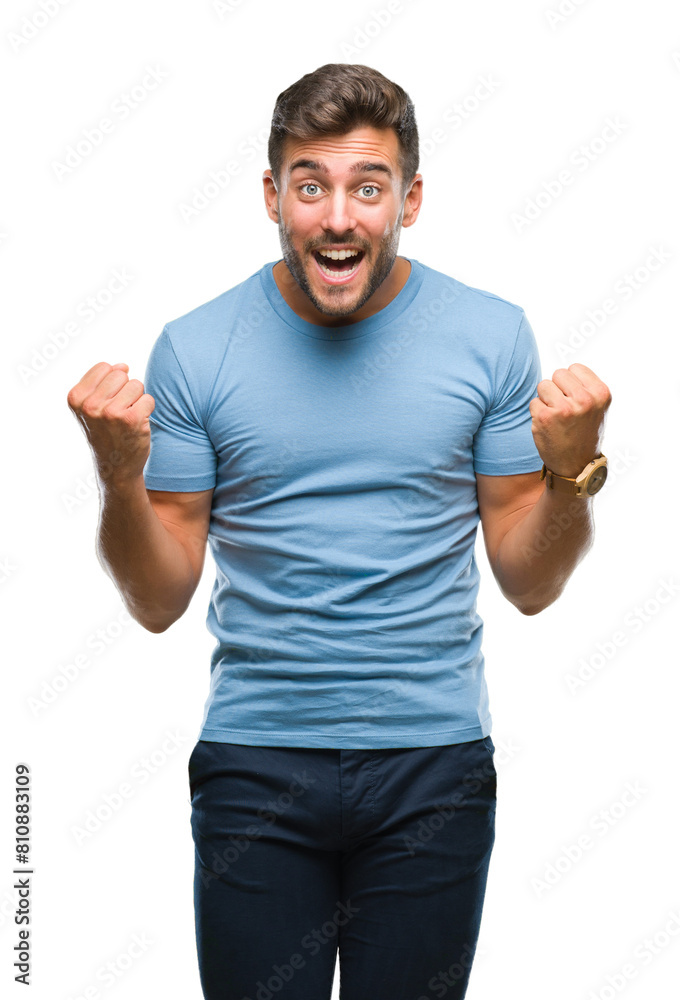 Young handsome man over isolated background celebrating surprised and amazed for success with arms raised and open eyes. Winner concept. Young handsome man over isolated background celebrating surprised and amazed for success with arms raised and open eyes. Winner concept.