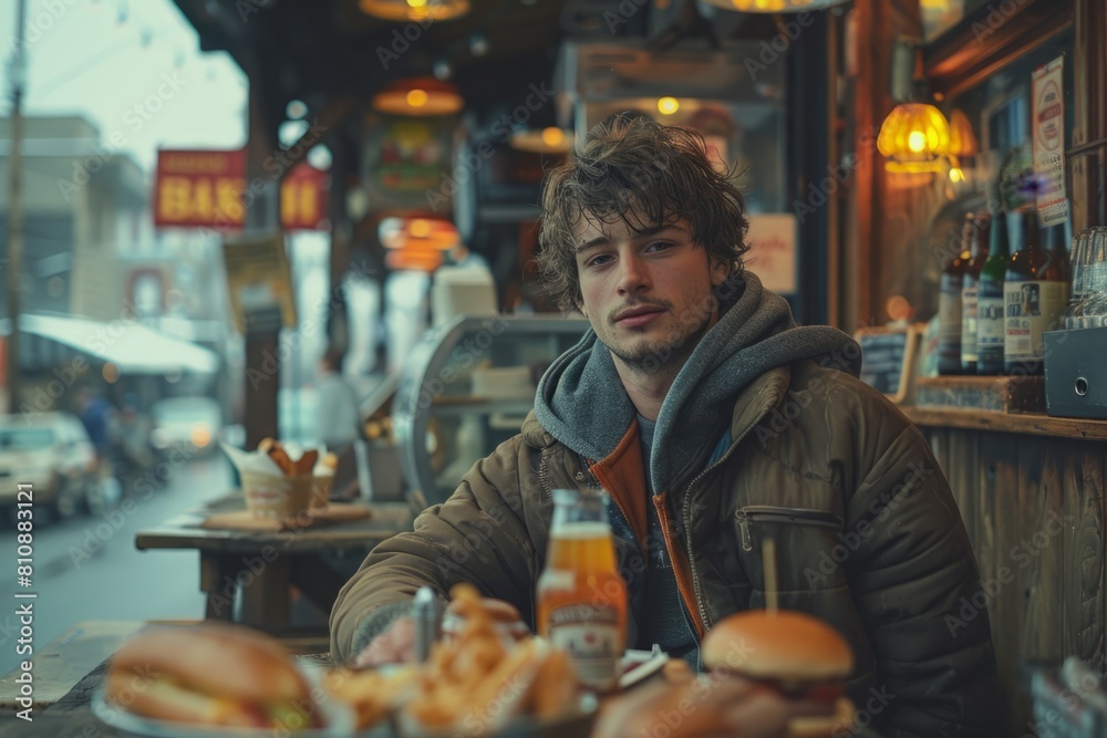 Man enjoying junk food at a restaurant table, eating hamburgers and fries Man enjoying junk food at a restaurant table, eating hamburgers and fries