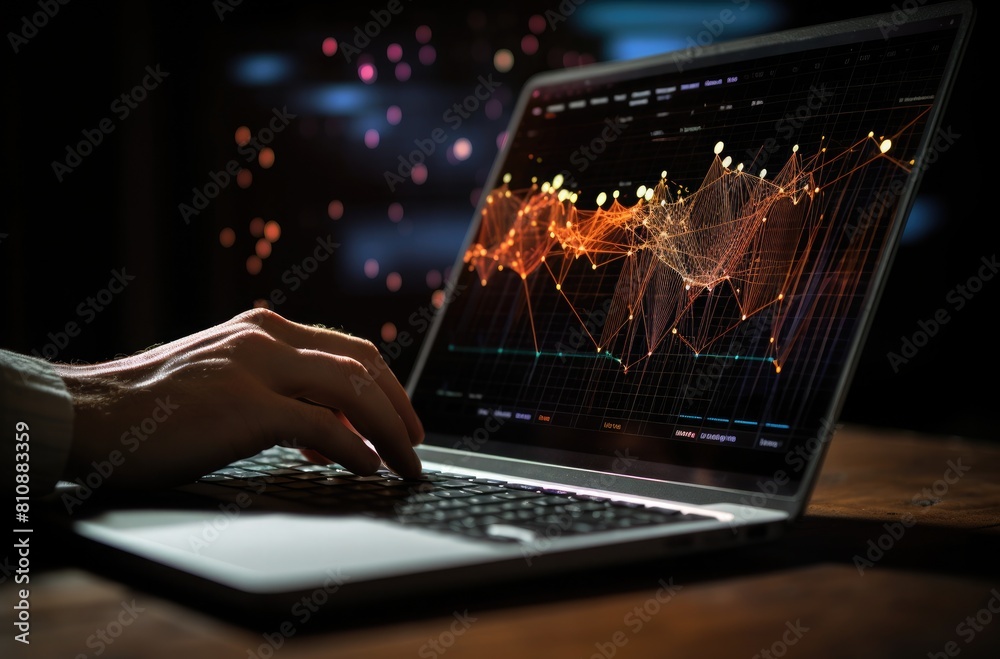 Close up of male hands typing on laptop keyboard. Graphs and statistics concept Close up of male hands typing on laptop keyboard. Graphs and statistics concept
