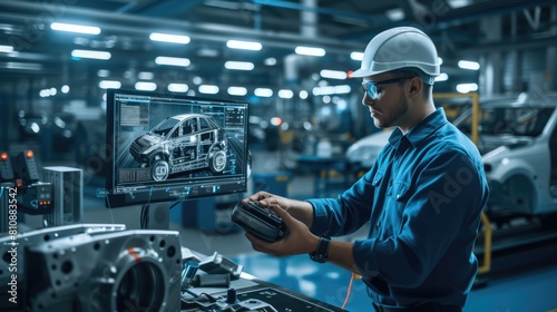 Smart industrial worker working and checking mechanic parts at production line in factory by using innovation technology with blurring background. Skilled engineer inspecting product quality. AIG42.