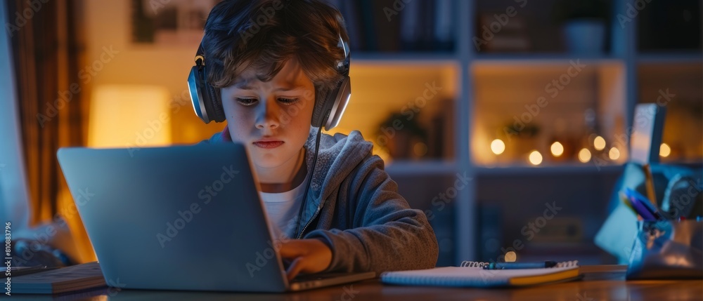 In a dark room at home, a smart young boy in headphones listens to his online class on a laptop computer. This happy boy conducts educational research online, writes in a notebook, and studies In a dark room at home, a smart young boy in headphones listens to his online class on a laptop computer. This happy boy conducts educational research online, writes in a notebook, and studies