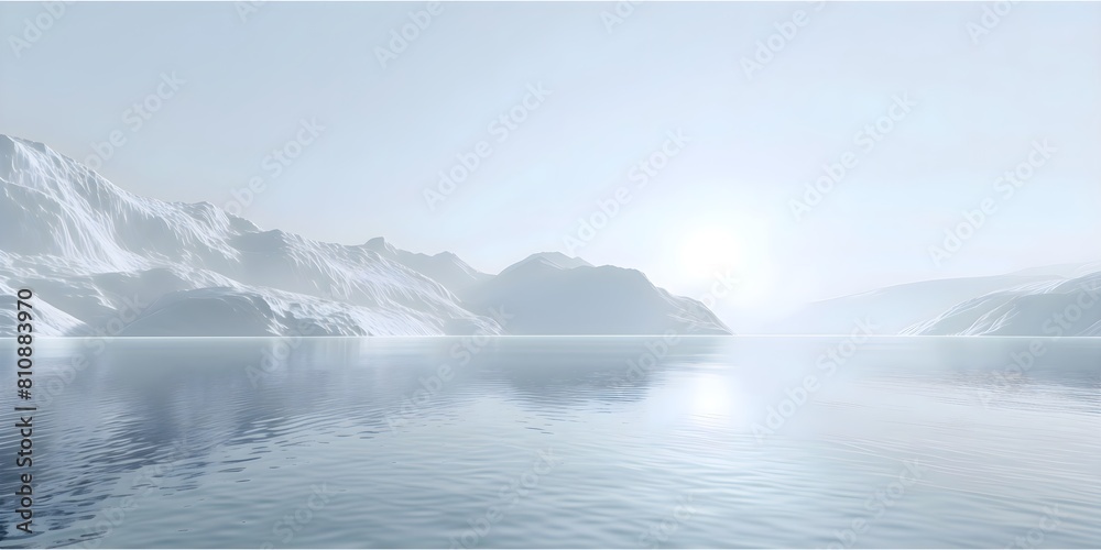 Arctic mist, morning landscape depicting solitude and peace, icy water, glaciers, white glowing panorama, reflection, snow, ice, cold