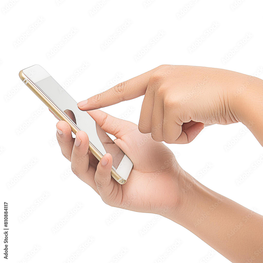 Fototapeta premium Young woman hand holding mobile smartphone with blank screen isolated on white background