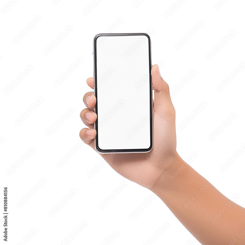 A man holds in his hands a blank black smartphone screen with a modern frameless design. Nine positions isolated on white background A man holds in his hands a blank black smartphone screen with a modern frameless design. Nine positions isolated on white background
