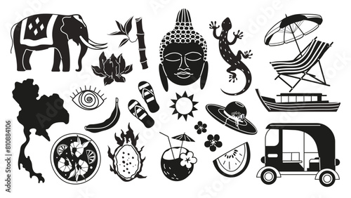 Travel to Thailand sticker set. Black and white set. Traditions, culture Thailand. Doodle elements Elephant, lizard, boat, map of Thailand, thai food, Buddha head, lotus, thai fruits.