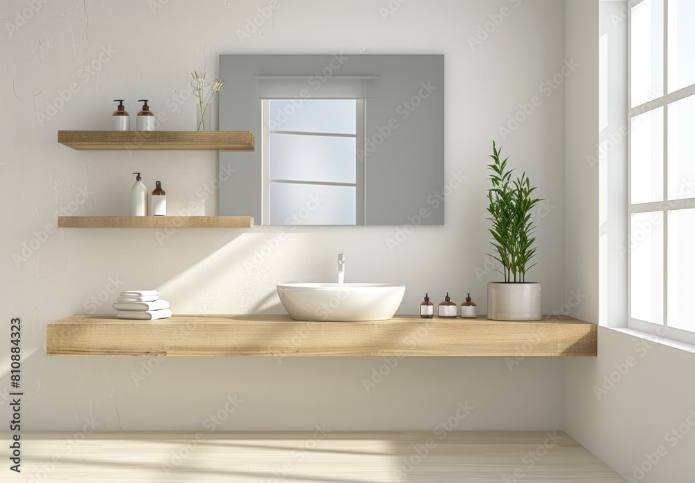 A modern bathroom with floating shelves made of light wood, white walls and a minimalistic mirror above the sink A modern bathroom with floating shelves made of light wood, white walls and a minimalistic mirror above the sink